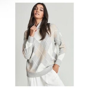 Reiss Women's Gray Cream Beige Argyle Cashmere-Blend Sweater